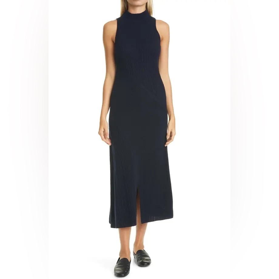 Vince Diagonal Rib Sleeveless Wool And Cashmere Dress In Navy